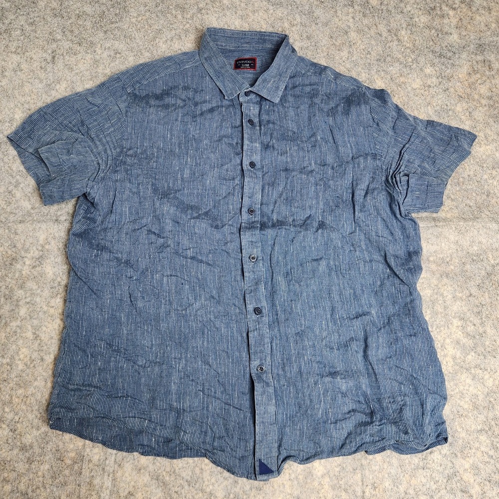 Untuckit 100% Linen Canon Button Shirt Men XL SS Blue White‎ Micro Stripe Slim